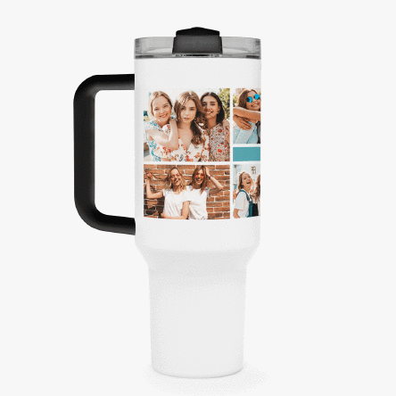 Thermobecher mit Henkel und Strohhalm, individuell gestaltet mit einer Fotocollage und einer Botscha
