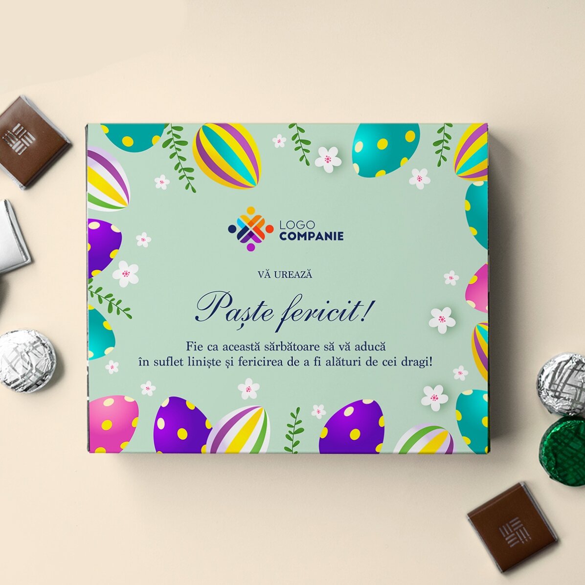 Personalisierte Pralinenschachtel mit Logo und Grußtext – Frohe Ostern!