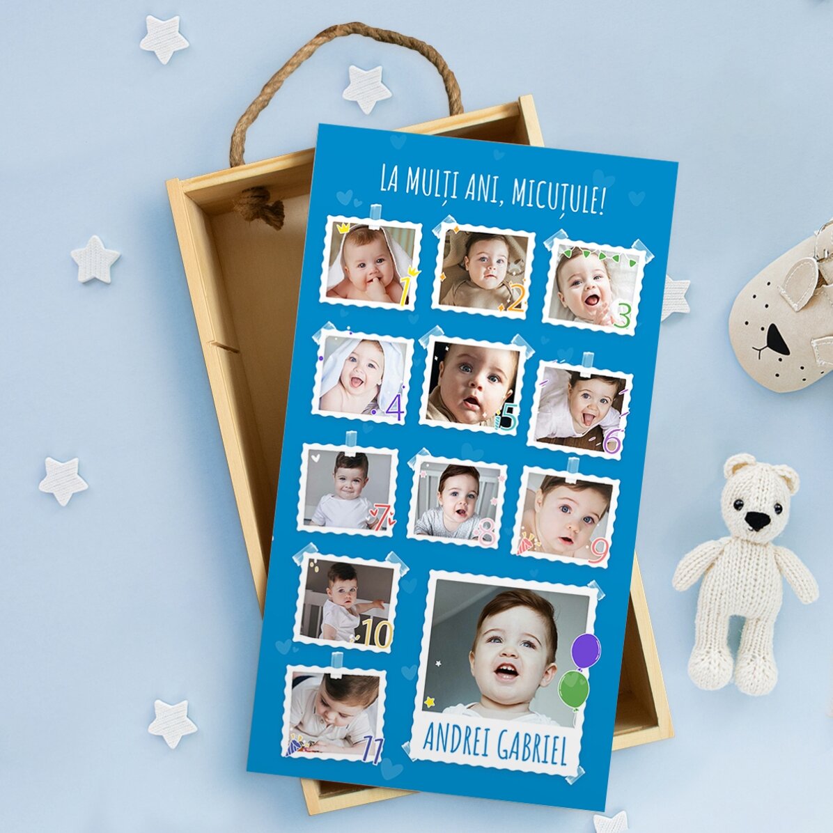 Personalisierte Geschenkbox aus Holz mit 13 Fotos und Text – Erster Geburtstag