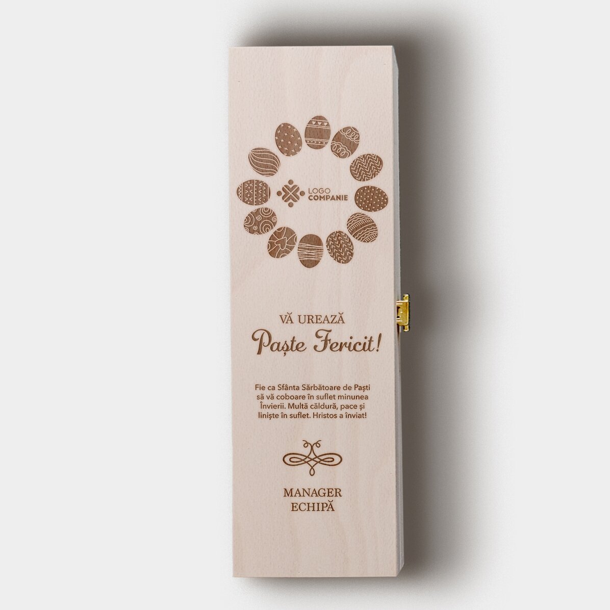 Personalisierte Weinkiste mit Text und Logo – Eggcellent Easter
