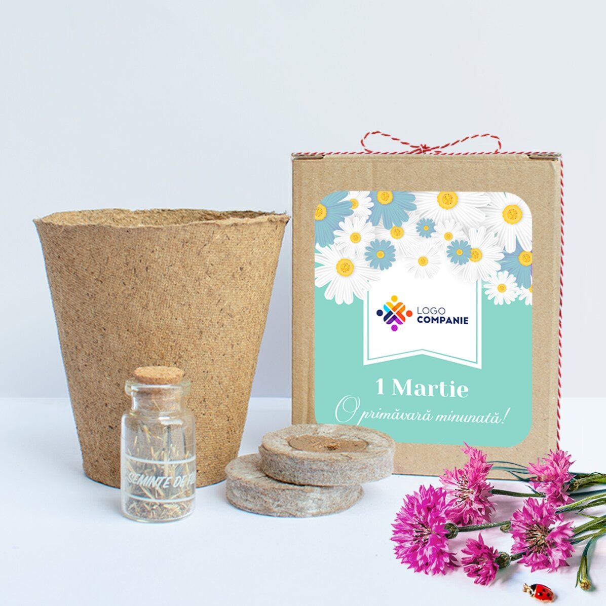 Pflanzset für Frühlingsblumen in einer personalisierten Schachtel mit Logo und Botschaft – Floral
