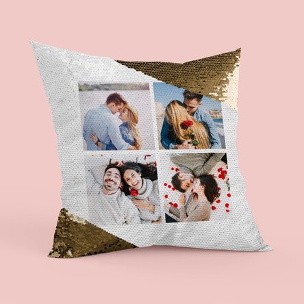 Personalised cushion with 4 photos - Gold sequins