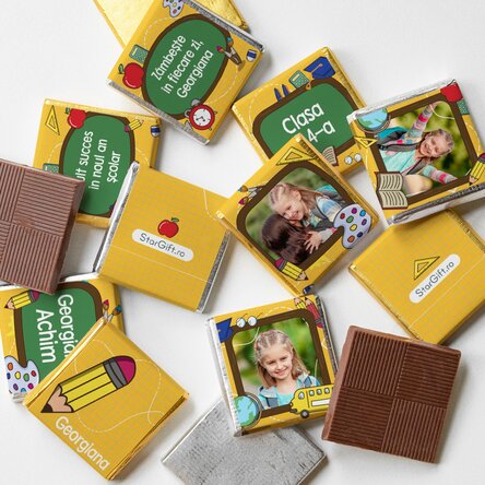 Set of 10 mini chocolates personalised with photos and text for the start of the school year