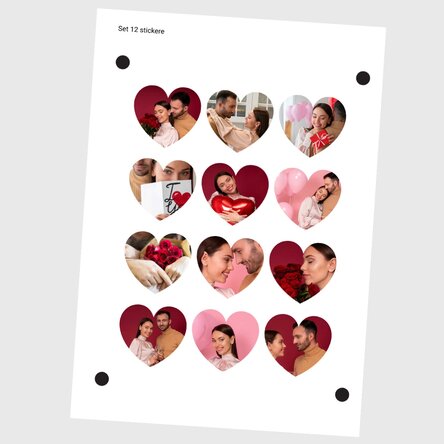 Set of 12 heart-shaped stickers (self-adhesive labels) personalised with photos
