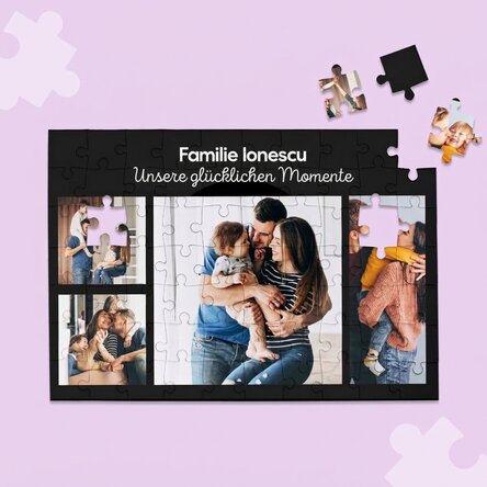 Individuell gestaltetes Puzzle mit 4 Fotos und Text, 28 x 19 cm