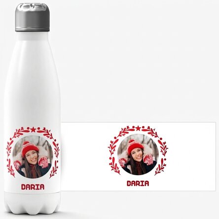 Thermoskanne mit weißem Boden, individuell gestaltet mit Foto und Text – Weihnachtsmodell