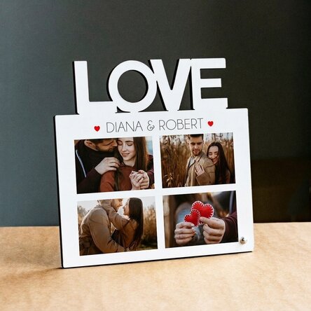 Personalisierter Fotorahmen für den Schreibtisch mit 4 Fotos und Text – Modell LOVE