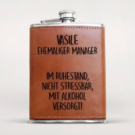 Personalisierte, mit Leder ummantelte Taschenflasche – Pensionat