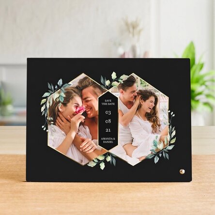 Personalisierter Fotorahmen für den Schreibtisch mit 2 Fotos und Text – Save the Date