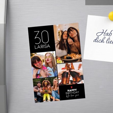 Individuell gestalteter Magnet (10 x 15 cm) mit Text und 4 Fotos – Happy Birthday