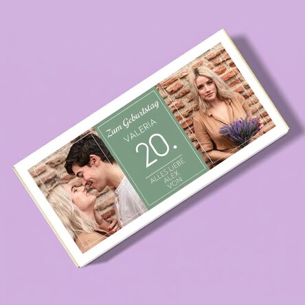 Personalisierte Schokolade mit zwei Fotos und Text – Geburtstag