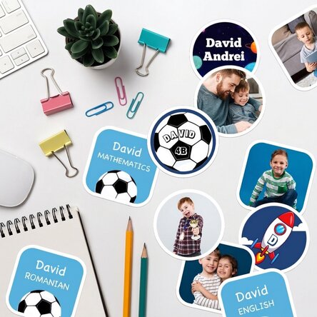 Set mit 12 individuell gestalteten Aufklebern (selbstklebende Etiketten) für die Schule – Jungen