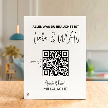 Personalisierter Fotorahmen für den Schreibtisch mit Text und QR-Code – „Scan for Wifi“ (weißer Hint
