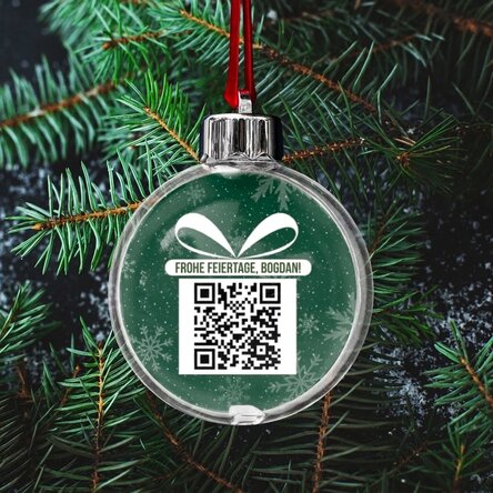 Individuell gestaltete, beidseitig bedruckte, transparente Kugel mit einem Foto und einem QR-Code