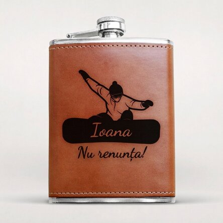 Leather-covered pocket flask personalised with name and message - Snowboard