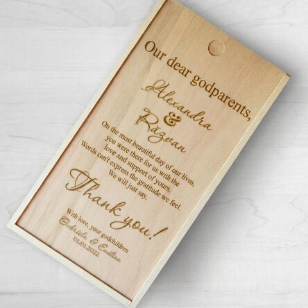 Personalised wooden gift box with a thank you message for godparents