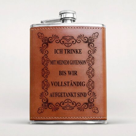 Personalisierte, mit Leder bezogene Taschenflasche mit individueller Botschaft – Elegant