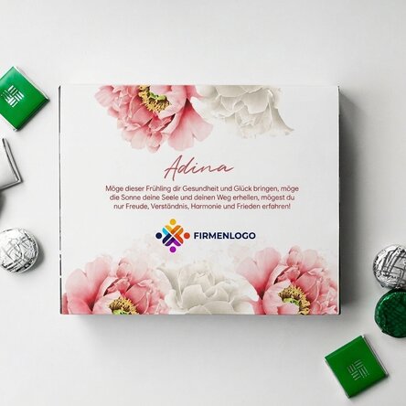 Personalisierte Pralinenschachtel mit Logo und Botschaft – „Schöner Frühling“