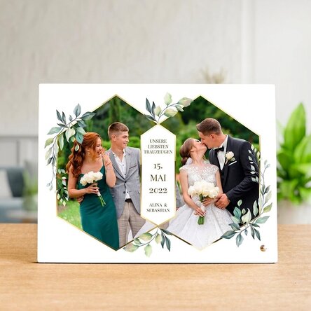 Personalisierter Fotorahmen für den Schreibtisch mit 2 Fotos und Text – Hochzeit