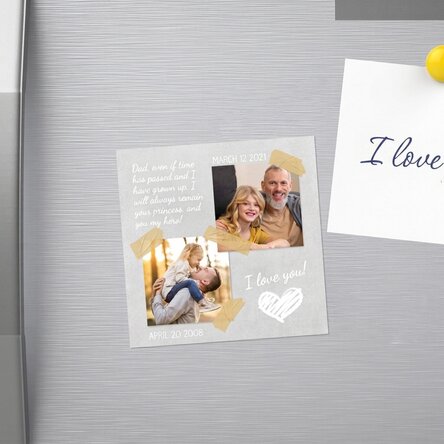 Individuell gestalteter Magnet 10x10 mit 2 Fotos und Text – Time