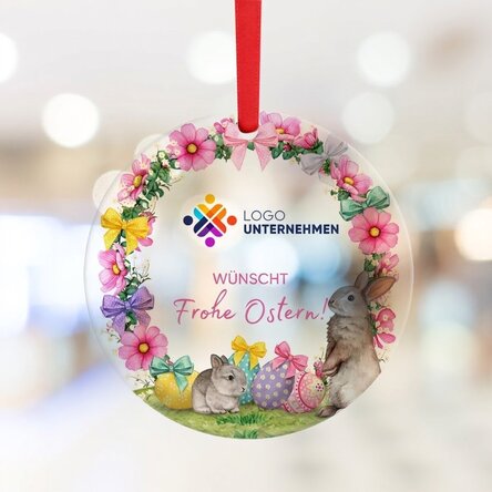Individuell gestaltete runde Verzierung mit Logo und Text – Frohe Ostern!