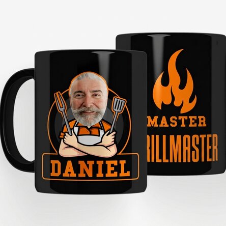 Personalised black mug with text for barbecue enthusiasts