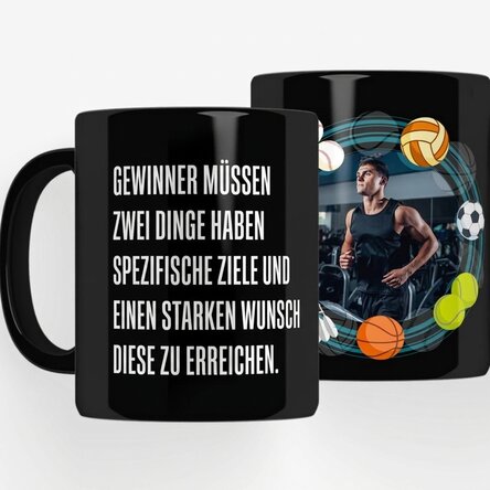 Personalisierte schwarze Tasse mit Aufdruck für Sportler