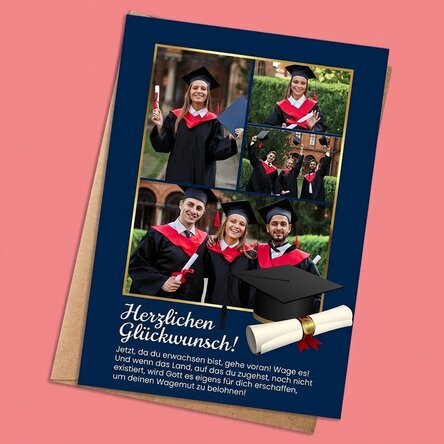 Individuell gestaltete Karte mit 4 Fotos und Text zum Schulabschluss