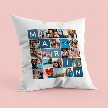 Personalisiertes Kissen mit 20 Fotos und einem Namen aus 5 Buchstaben
