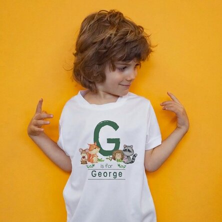Children's sports T-shirt personalised with initial and name - Animals