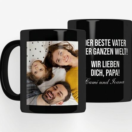 Personalisierte schwarze Tasse mit einem Foto und einer Botschaft