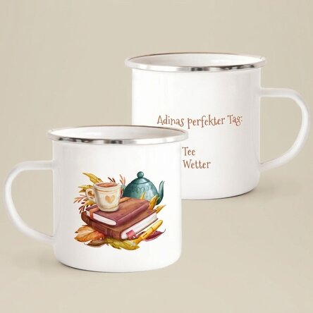 Emaillierter Metallbecher mit Aufdruck – „My perfect day“