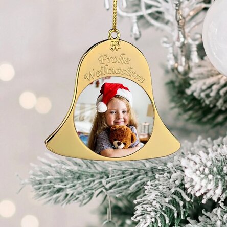 Individuell gestaltete Christbaumkugel mit zwei Fotos – Modell „Glöckchen“