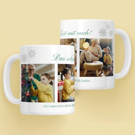 Personalisierte Tasse mit 4 Fotos und einer Weihnachtsbotschaft für die Großeltern