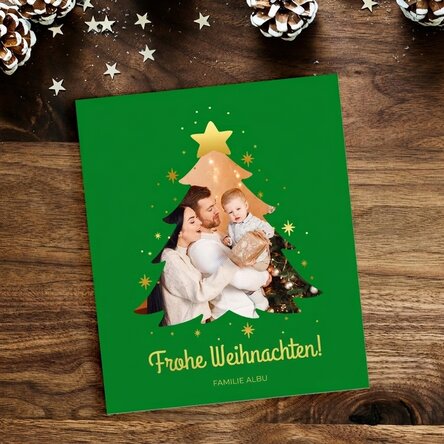 Individuell gestalteter Magnet (10 x 12 cm) mit Familienfoto und Botschaft – Weihnachtsbaum