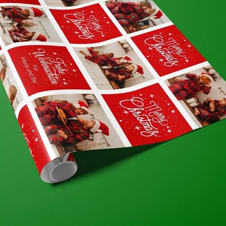 Individuell gestaltetes Geschenkpapier mit 12 Fotos und Text – Weihnachtsmotive und -botschaften
