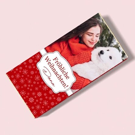 Personalisierte Schokolade mit einem Foto und einer Weihnachtsbotschaft – Schneeflocken