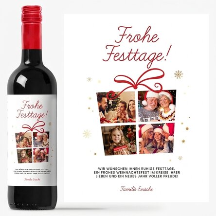 Personalisierter Wein mit 4 Fotos und einer besonderen Botschaft – Frohe Feiertage
