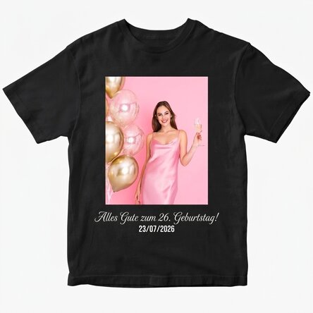 Personalisiertes Baumwoll-T-Shirt mit einem Porträtfoto und einem Text