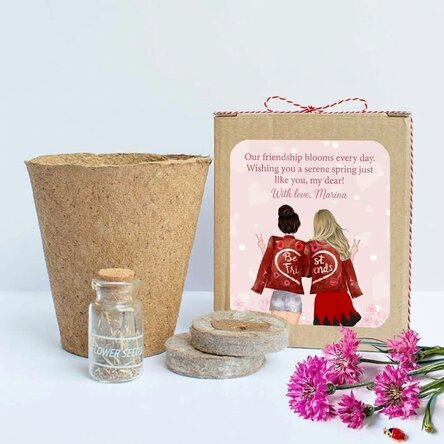 Set zum Pflanzen von Frühlingsblumen in einer personalisierten Schachtel mit einer Botschaft für Fre