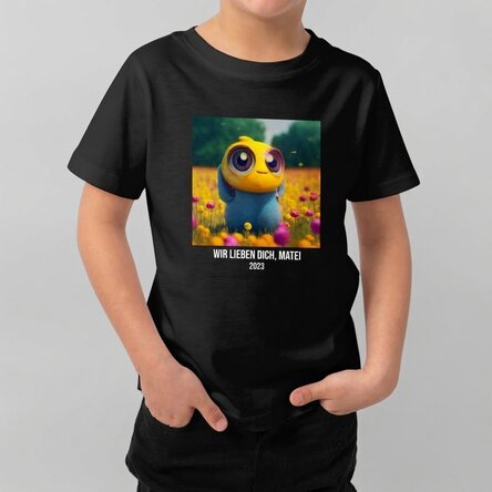 Baumwoll-T-Shirt für Kinder, individuell gestaltet mit einem quadratischen Foto und einem Text
