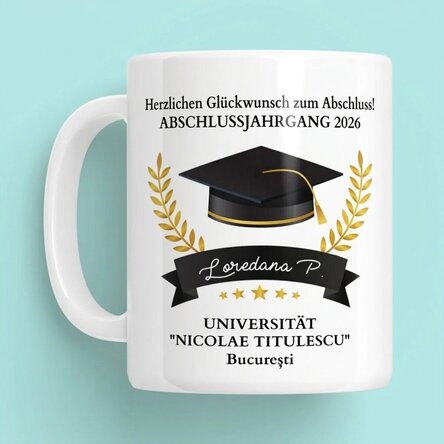 Personalisierte Tasse mit Text – Glückwünsche zum Schulabschluss