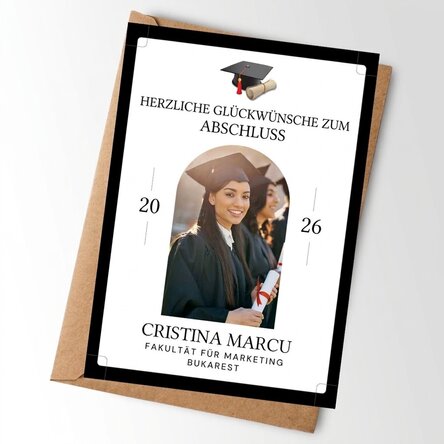 Individuell gestaltete Karte mit Foto und Text zum Schulabschluss