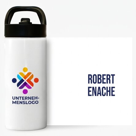 Thermoskanne mit Griff und Strohhalm, individuell gestaltet mit Logo und Namen