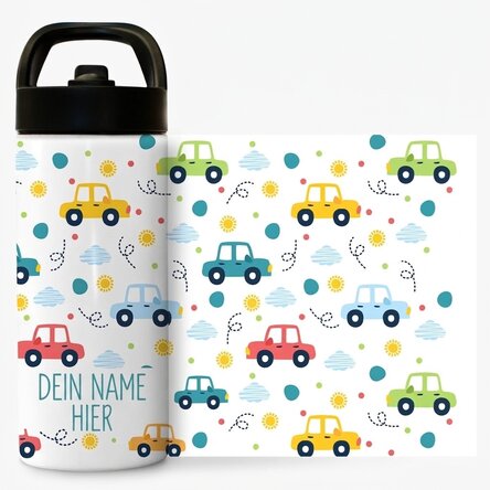 Thermosflasche mit Griff und personalisiertem Strohhalm mit Namen – Spielzeugautos