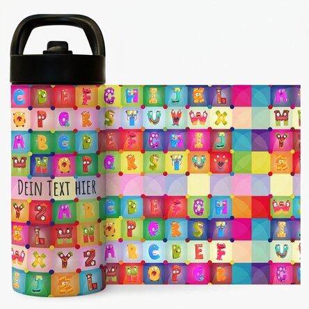 Thermosflasche mit Griff und personalisiertem Strohhalm mit Namen – Alphabet
