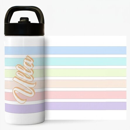 Thermosflasche mit Griff und personalisiertem Strohhalm – Bunte Streifen