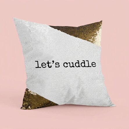 Personalised cushion with text – Let's cuddle Gold sequins