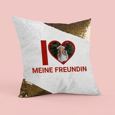 Personalisiertes Kissen mit Foto und Text – „I love my girlfriend“ – Goldfäden