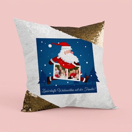 Personalisiertes Kissen mit zwei Fotos und Text – Weihnachtsmann – goldene Pailletten
